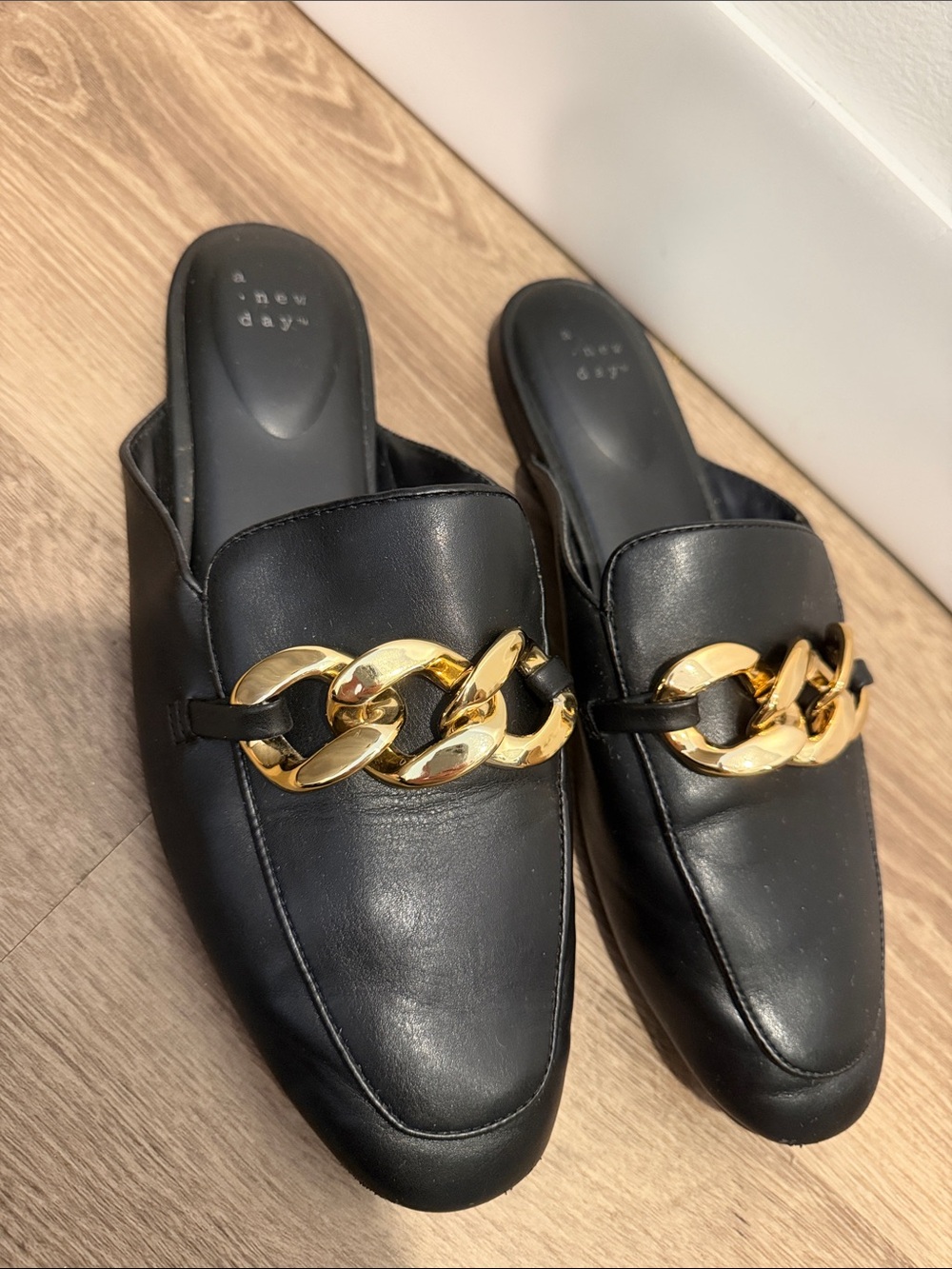 a new day Black Slip-On Mules with Gold Chain Accent
